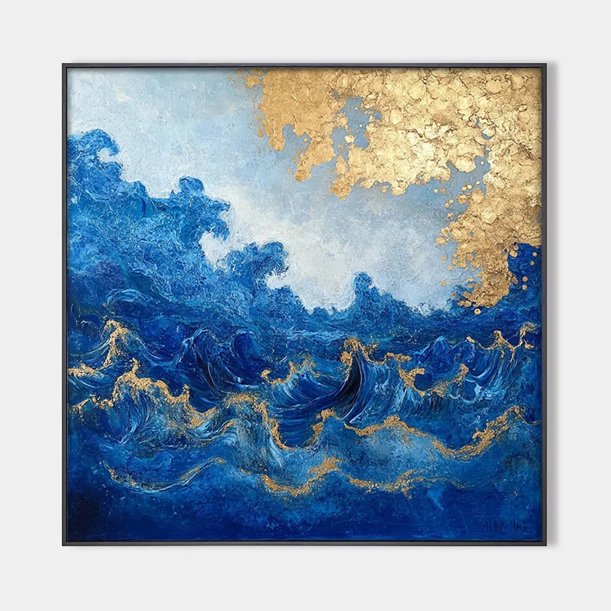 Square Abstract Ocean Waves Oil Painting with Gold Leaf