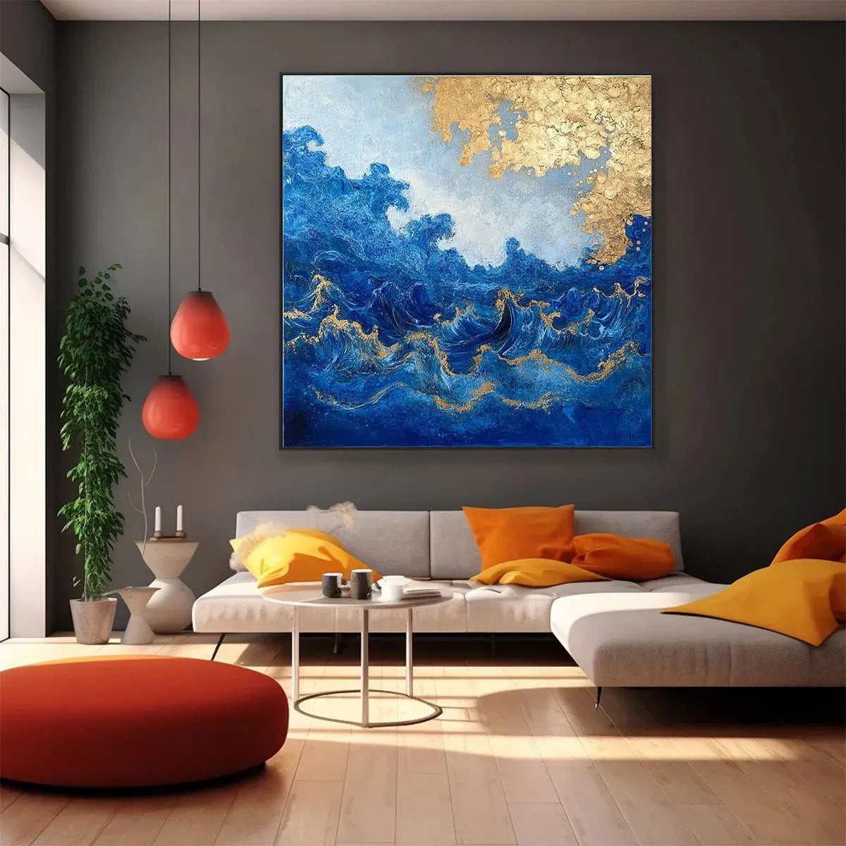 Square Abstract Ocean Waves Oil Painting with Gold Leaf