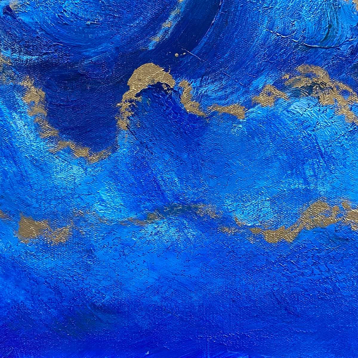 Square Abstract Ocean Waves Oil Painting with Gold Leaf