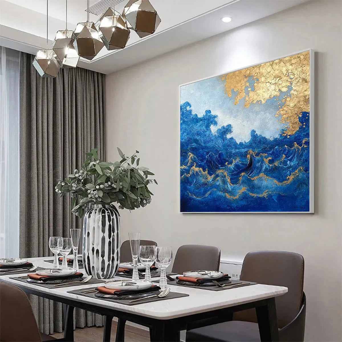 Square Abstract Ocean Waves Oil Painting with Gold Leaf