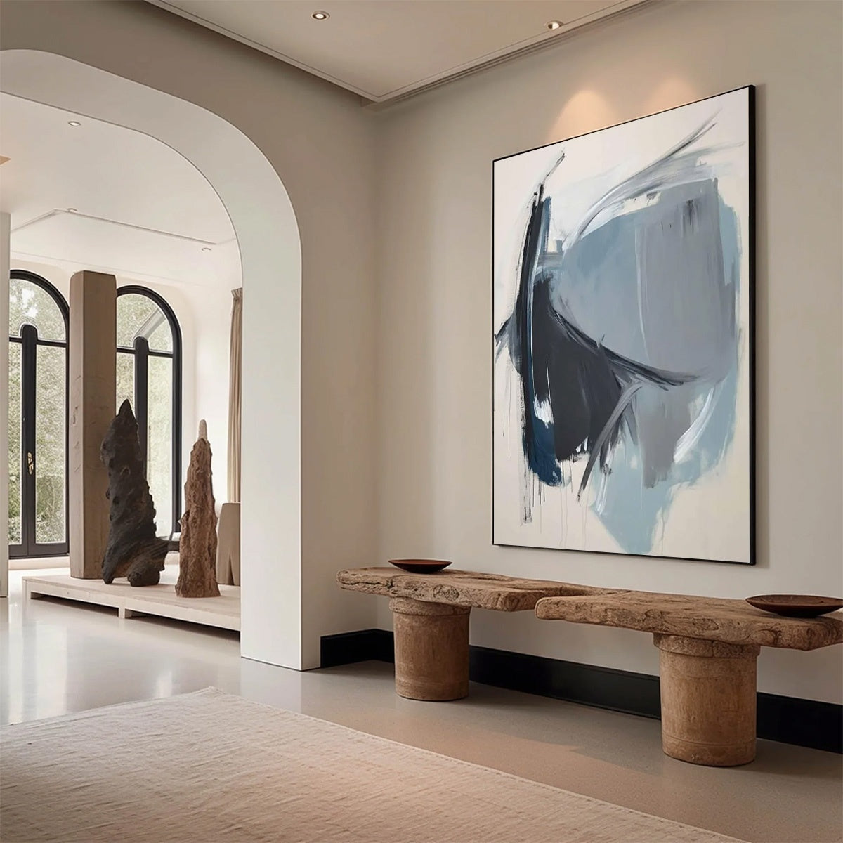 AZURE DEPTHS: Abstract Minimalist Blue and Grey Oil Painting