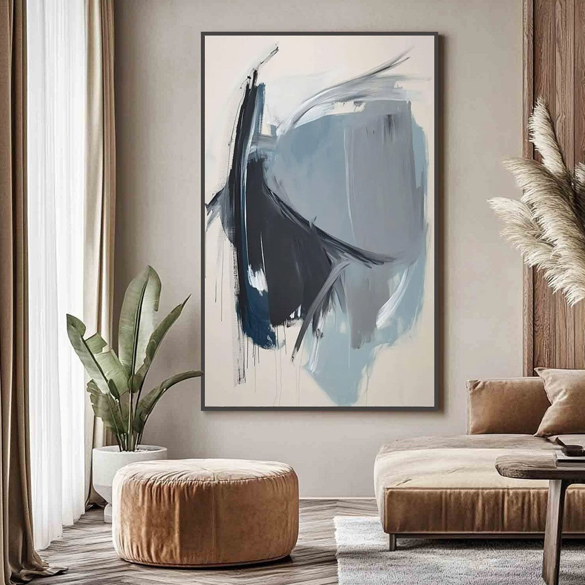 AZURE DEPTHS: Abstract Minimalist Blue and Grey Oil Painting