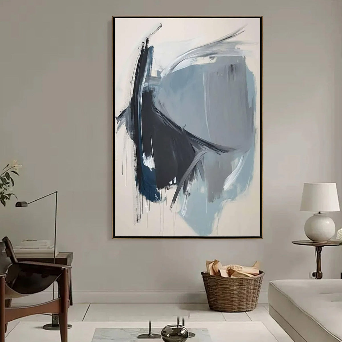 AZURE DEPTHS: Abstract Minimalist Blue and Grey Oil Painting