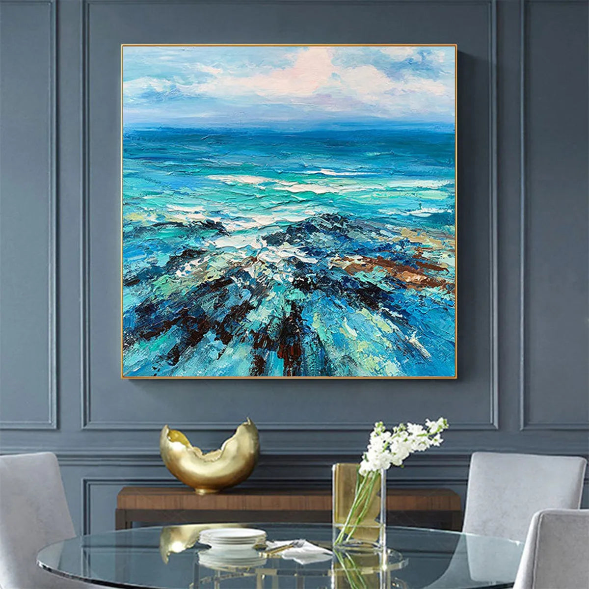 Azure Depths: Impasto Seascape Oil Painting in Blues and Greens on