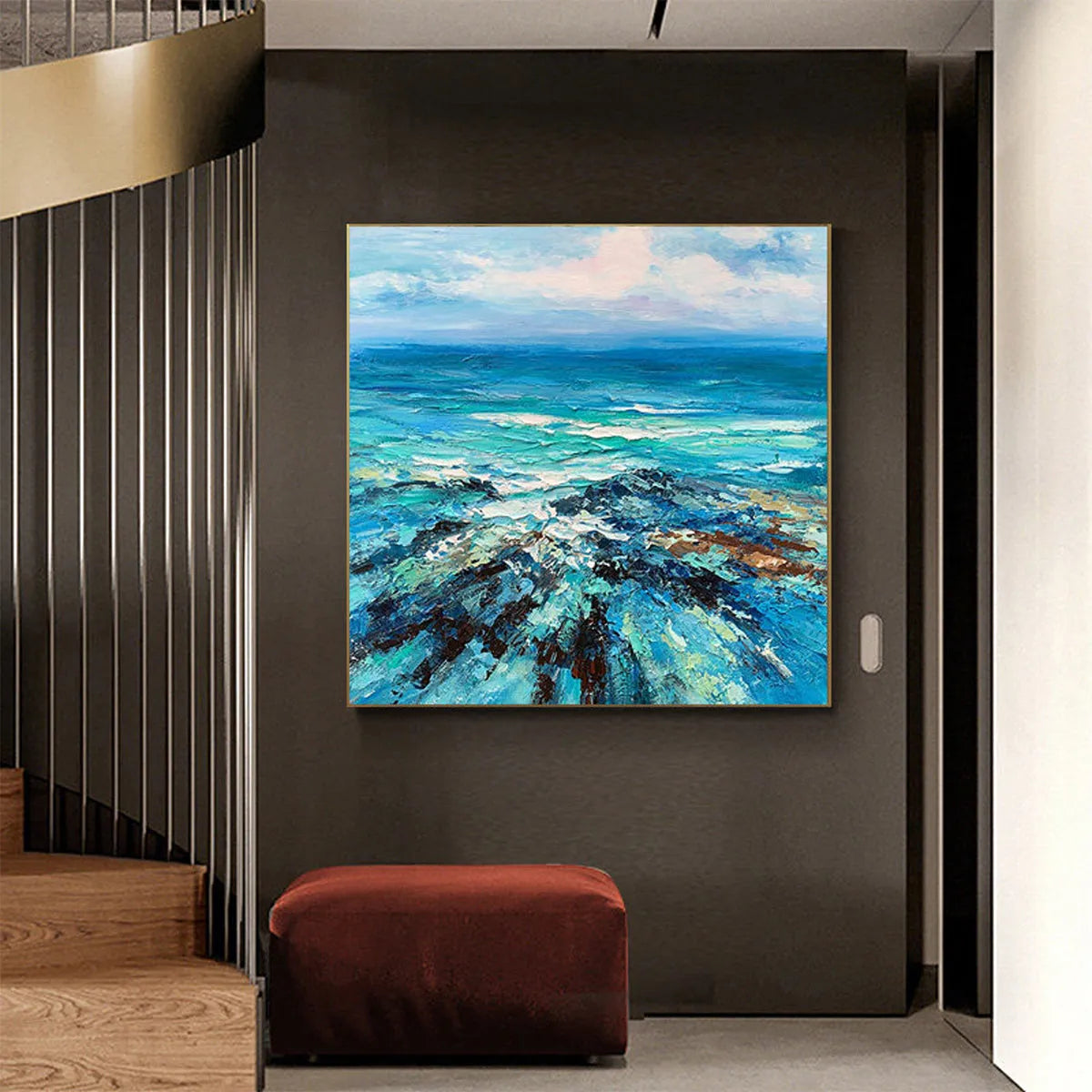 Azure Depths: Impasto Seascape Oil Painting in Blues and Greens on