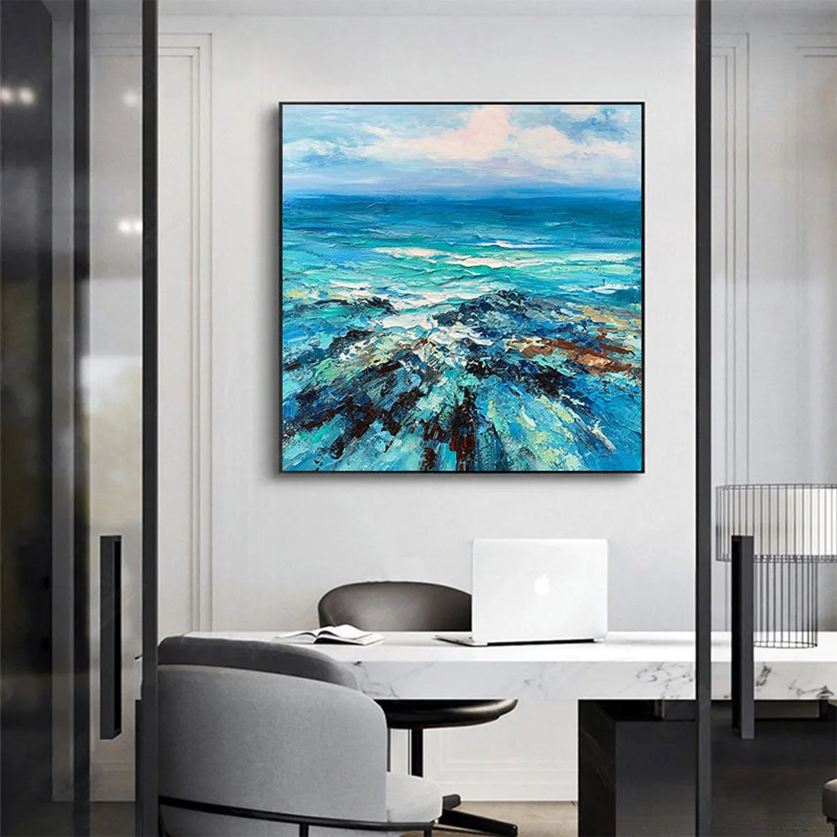 Azure Depths: Impasto Seascape Oil Painting in Blues and Greens on
