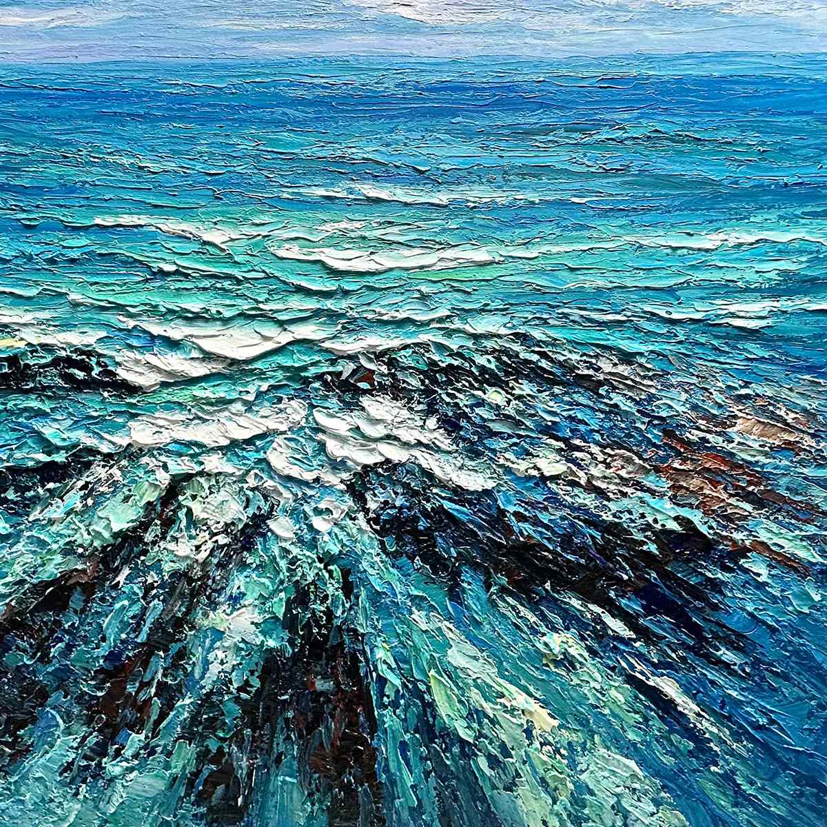 Azure Depths: Impasto Seascape Oil Painting in Blues and Greens on