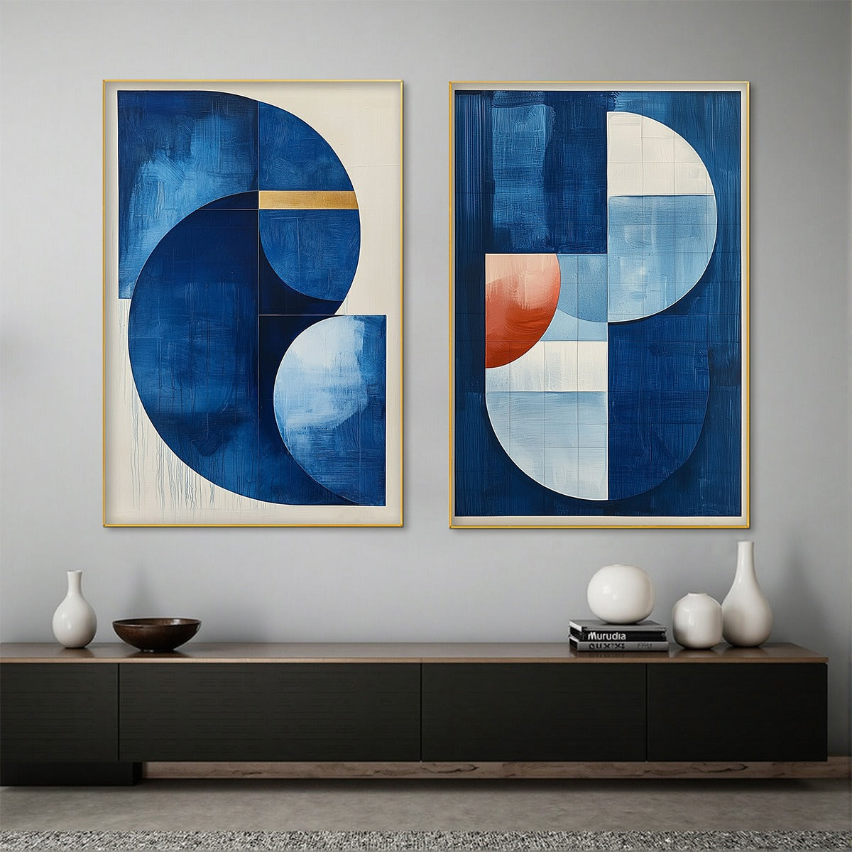 Azure Depths: Original Minimalist Blue and Gold Abstract Oil
