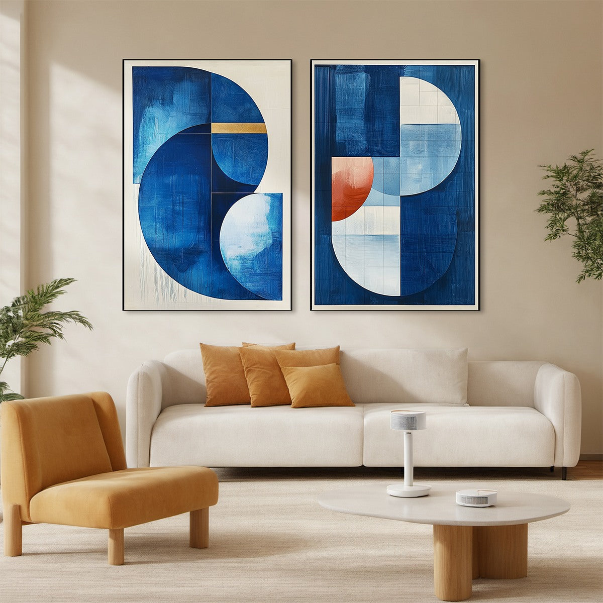 Azure Depths: Original Minimalist Blue and Gold Abstract Oil