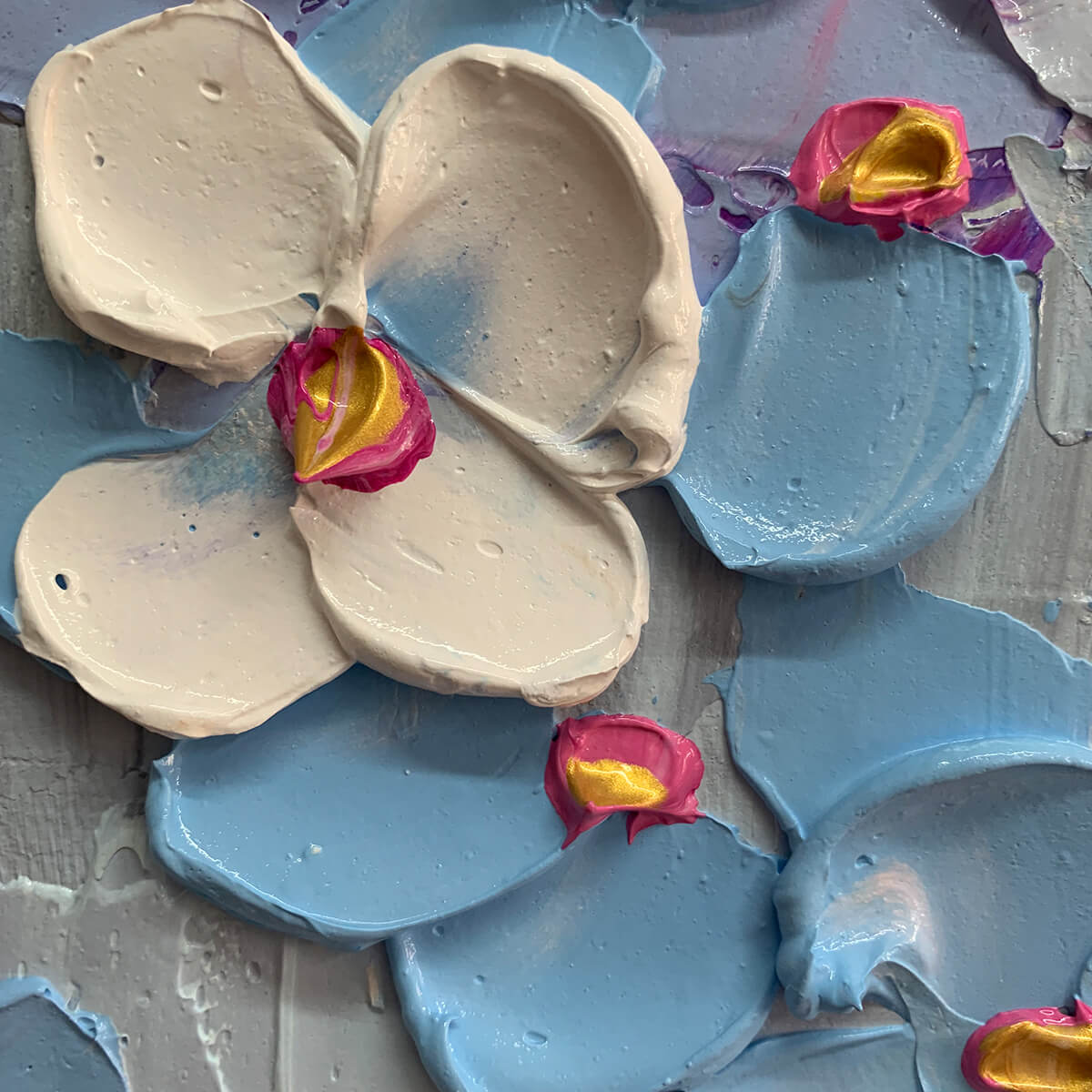 AZURE DREAM: Textured Floral Landscape Oil Painting in Blue, White, and Gold