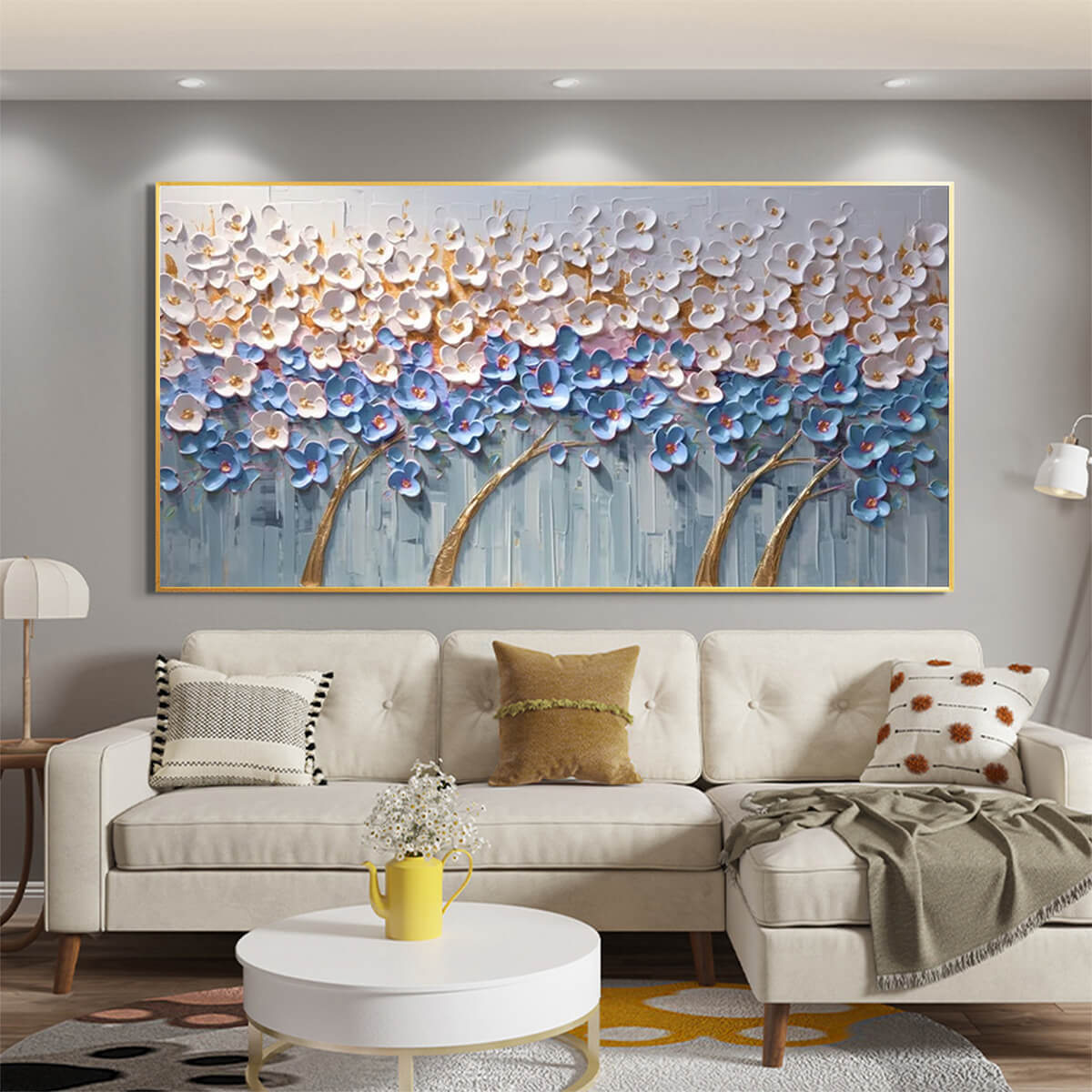 AZURE DREAM: Textured Floral Landscape Oil Painting in Blue, White, and Gold