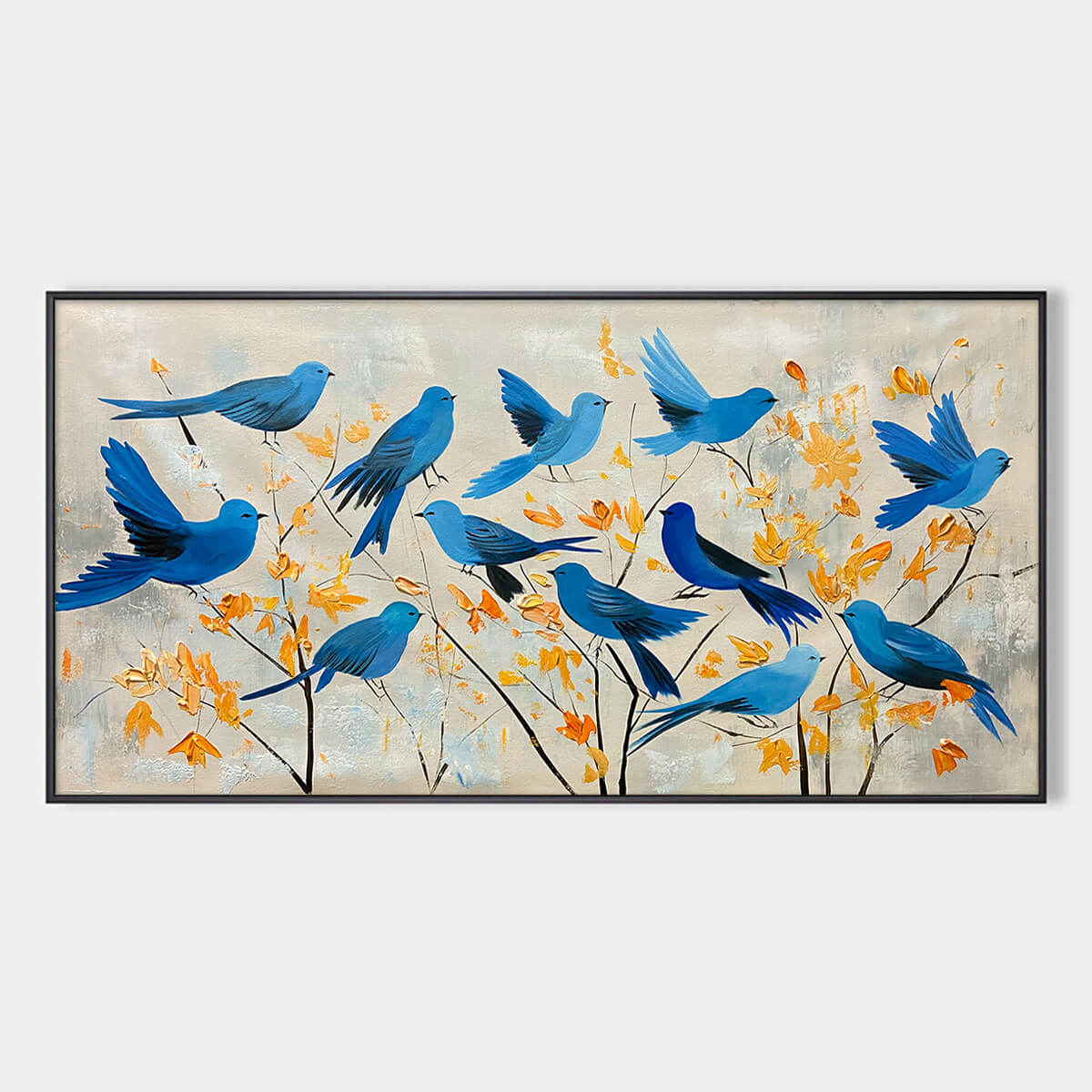 Azure Flight: Blue Birds Minimalist Oil Painting Nature Canvas