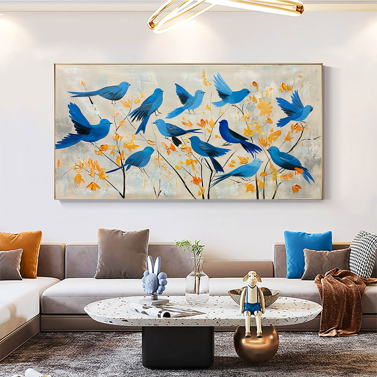 AZURE FLIGHT: Blue Birds Painting Minimalist Nature Wall Art