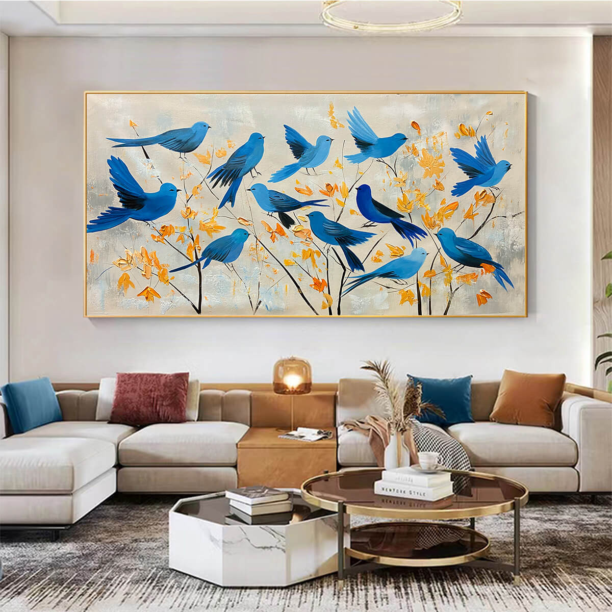 AZURE FLIGHT: Blue Birds Painting Minimalist Nature Wall Art