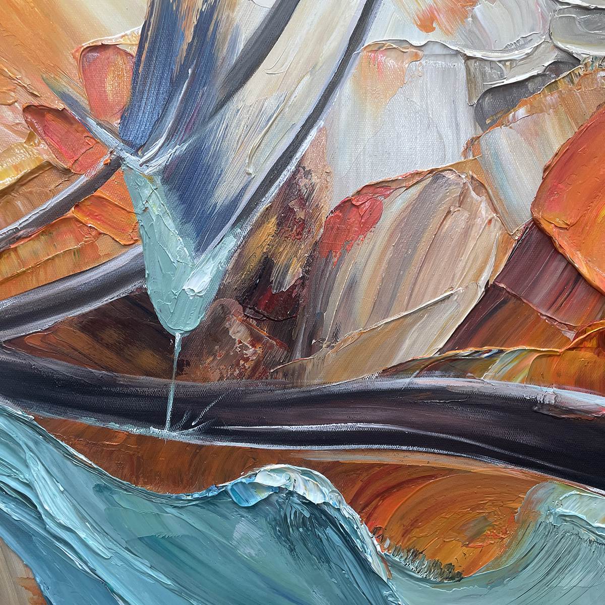 AZURE FLIGHT: Textured Abstract Oil Painting with Birds in Flight