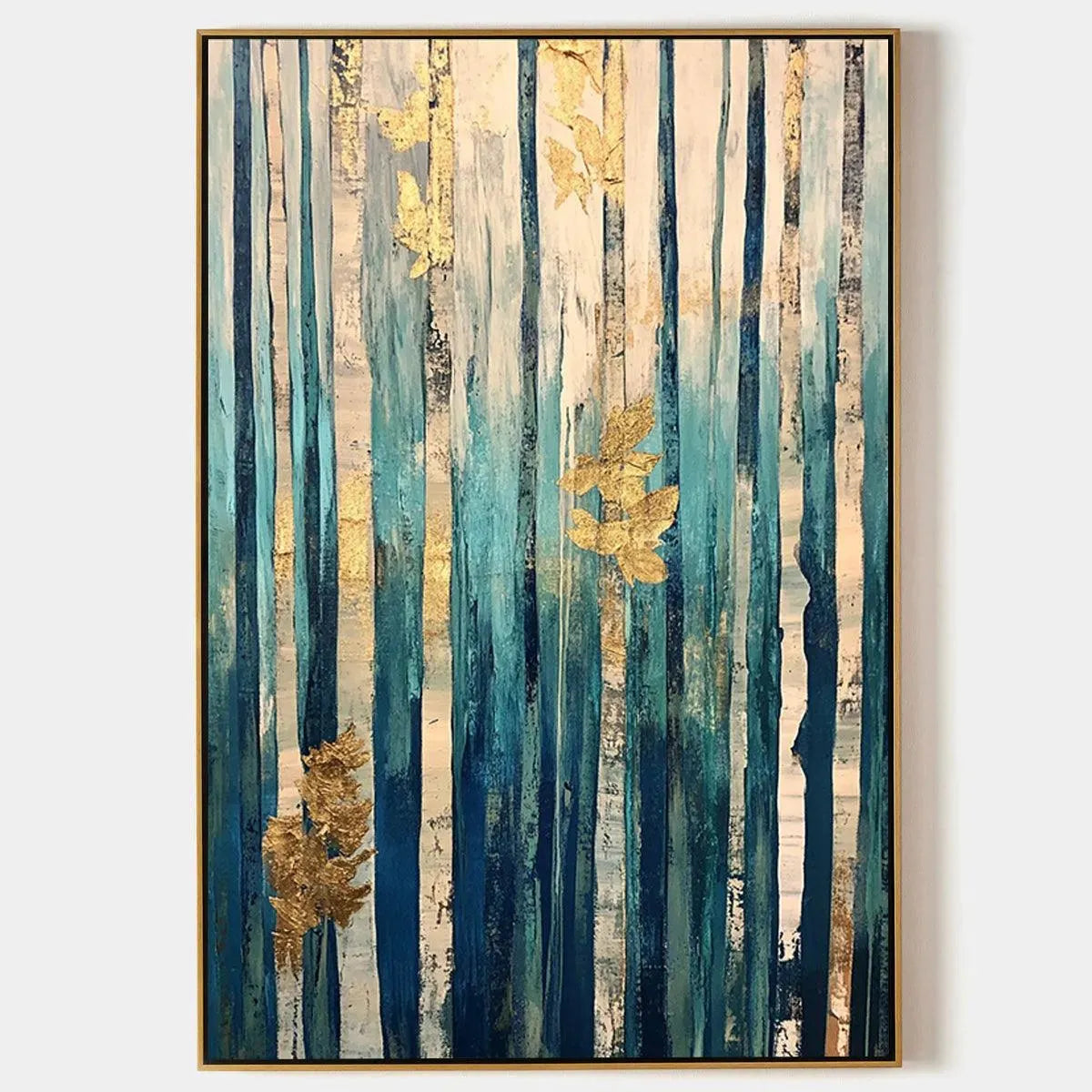 Azure Forest: Vertical Abstract Forest Oil Painting with Gold Leaf
