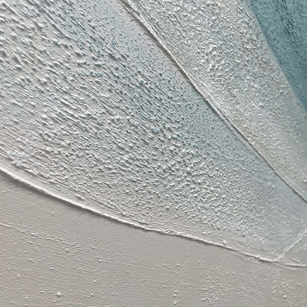 Azure Shores abstract beach painting detail, highlighting thick impasto textures and blue-white coastal brushstrokes.