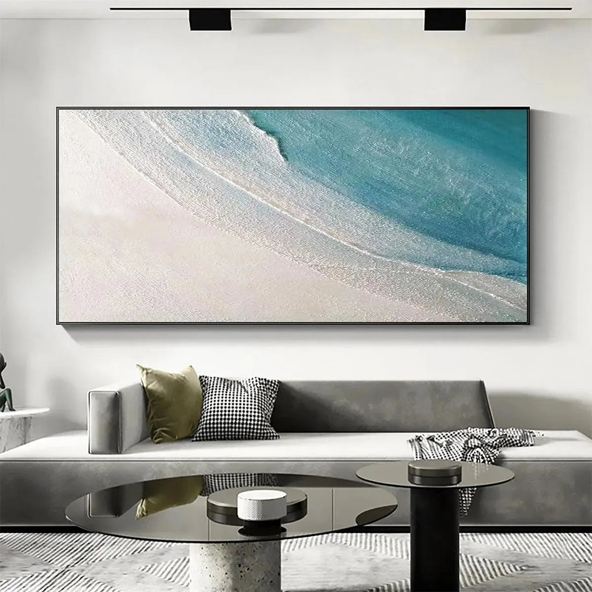 Azure Shores abstract beach painting, textured blue and white waves on sand, lifestyle setting.