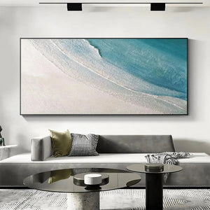 Textured abstract beach painting in blue and white, Azure Shores by Liam O'Connell, showcasing coastal charm and serenity.