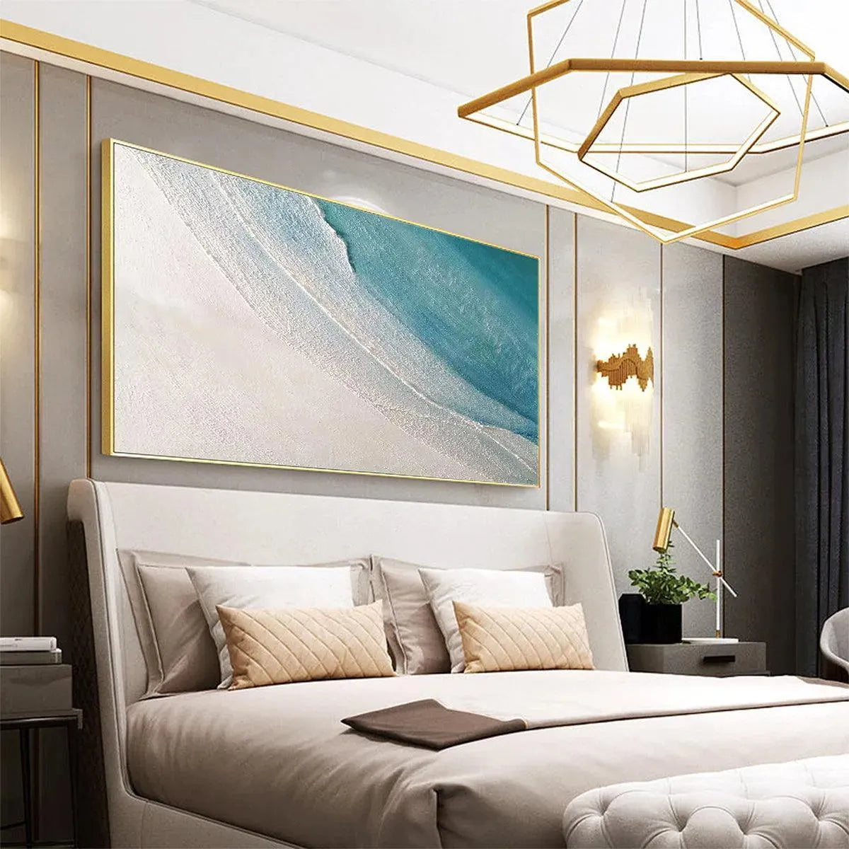 Textured blue and white abstract beach painting, Liam O'Connell, horizontal gold frame, above bed in bedroom lifestyle shot.