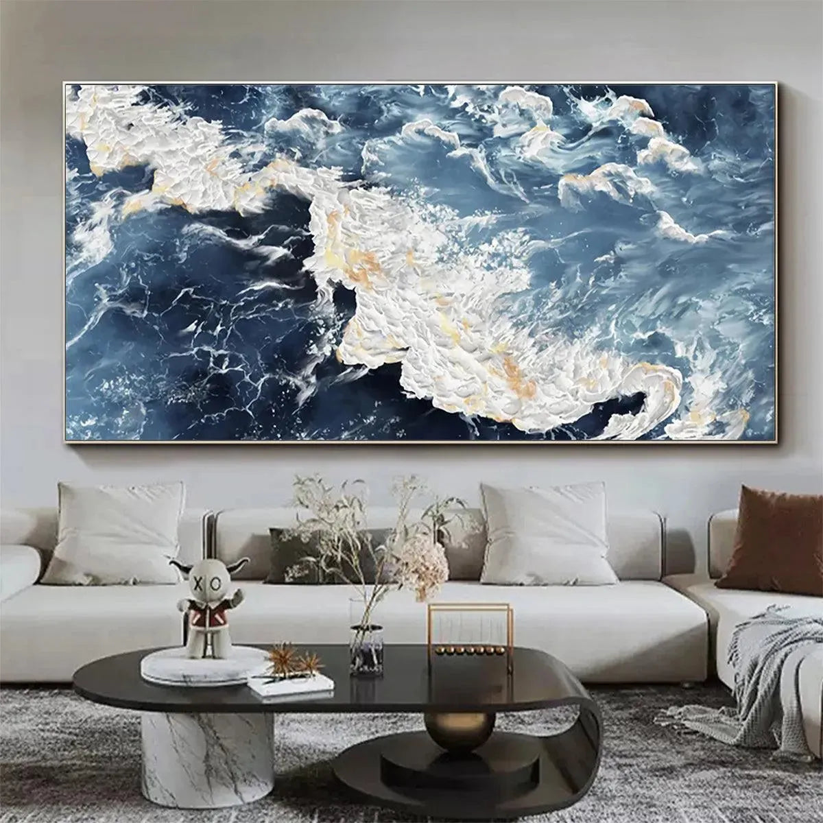 Panoramic abstract ocean painting "Azure Whispers" by Chen Liu, featuring blue waves with gold and white impasto texture.