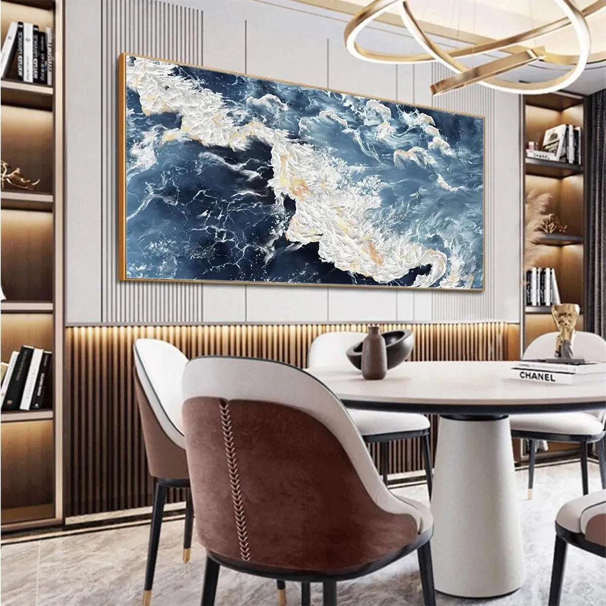 Azure Whispers | Panoramic Ocean Art | Blue & Gold
