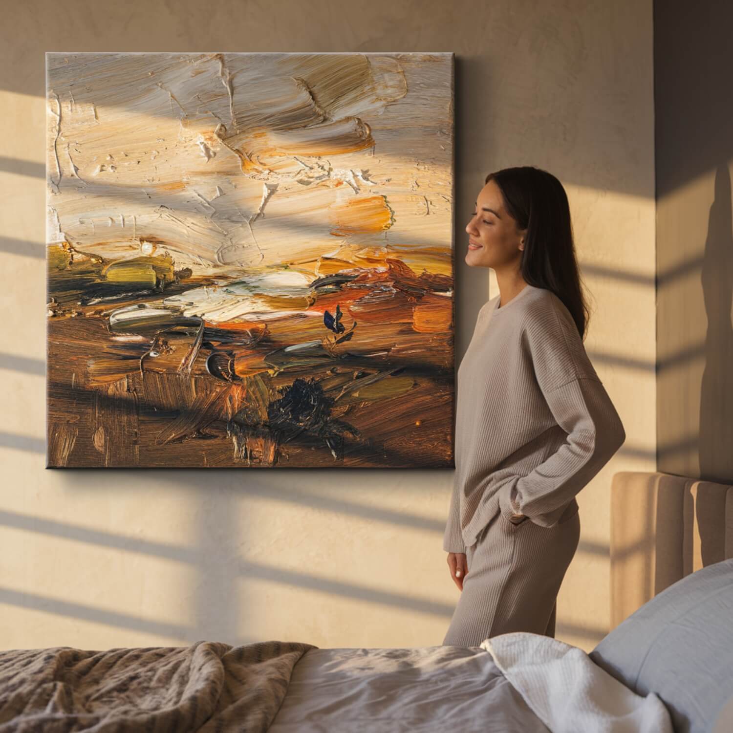 A_woman_bathed_in_the_soft_warm_light_of_a_modern_bedroom_stands_admiring_a_textured_oil_painting_hanging_on_the_wall_The_painting_is_a_close_up_impasto_style_landscape_with_visible_brushstrokes_and_rich_colors_The_woman_is_dressed_in_c (2).png