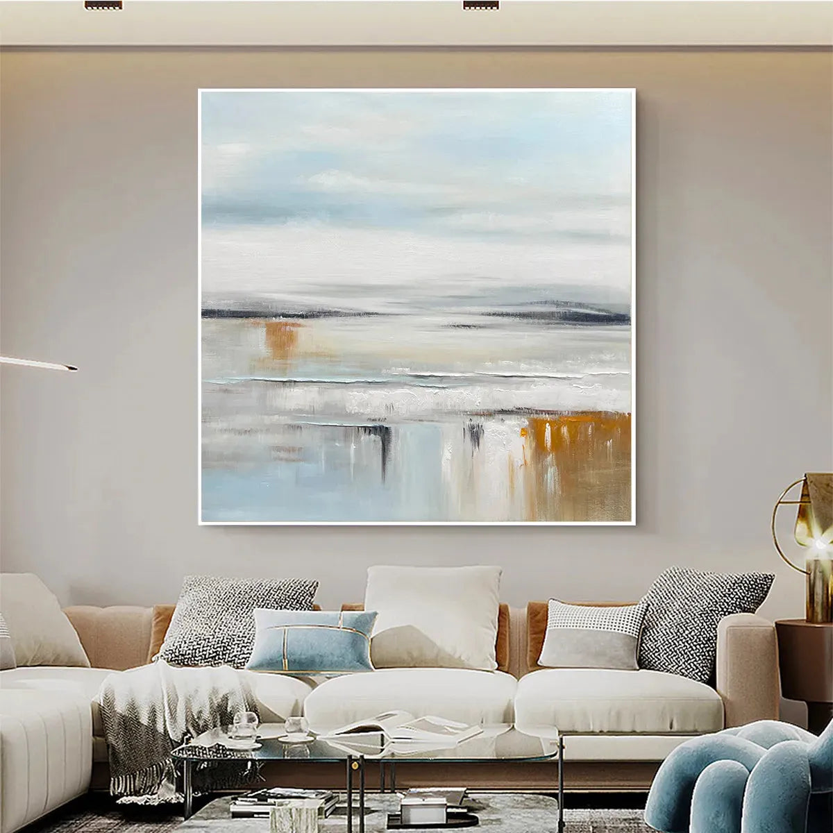 COASTAL SERENITY: Abstract Coastal Landscape Painting in Soft Blues and Neutrals