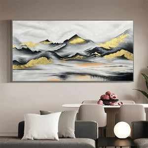 Abstract Black and Gold Mountain Oil Painting - Modern Wall Art Decor