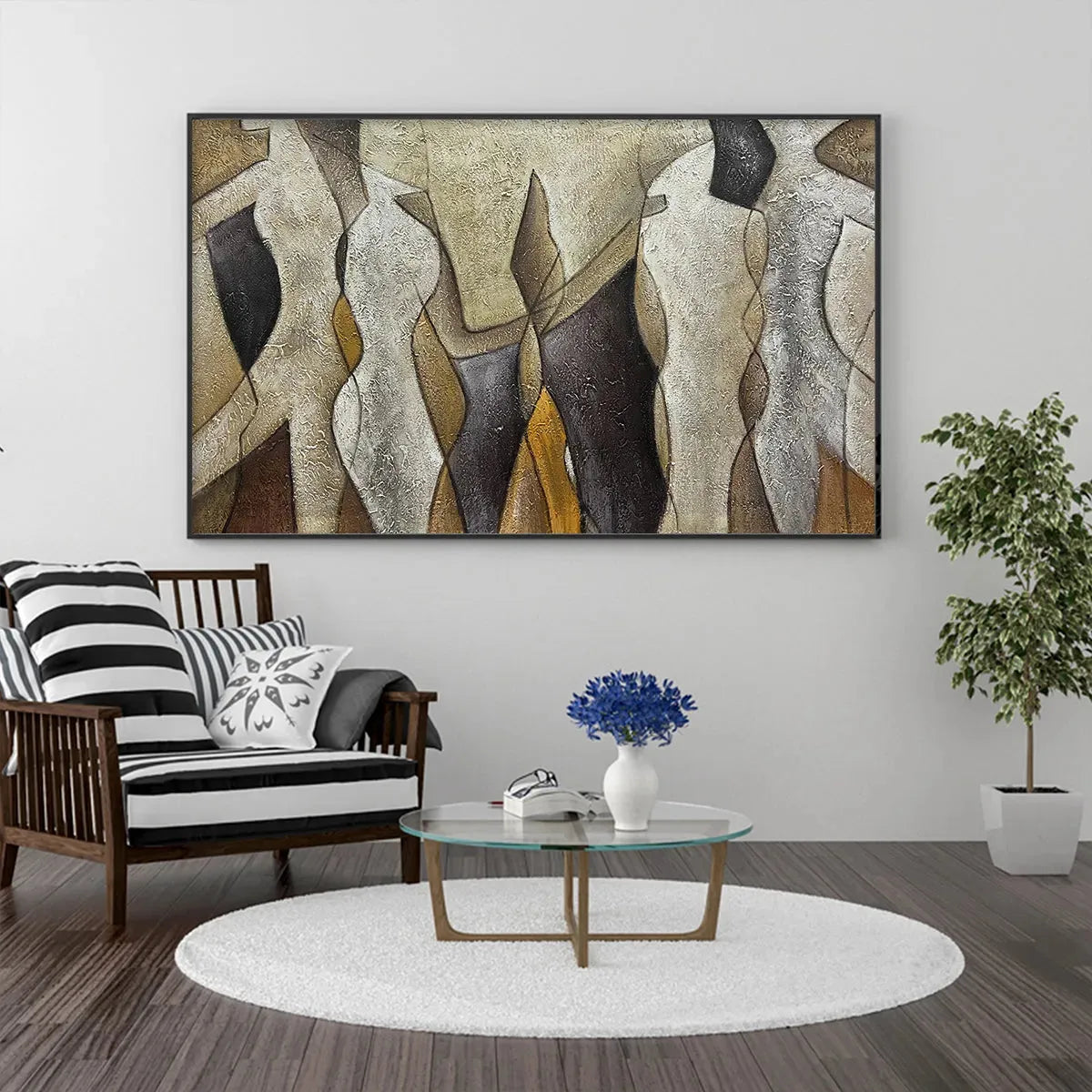 Abstract Figures: Textured Abstract Figures Painting | Beige and Brown Wall Art | Horizontal Canvas | Modern Decor