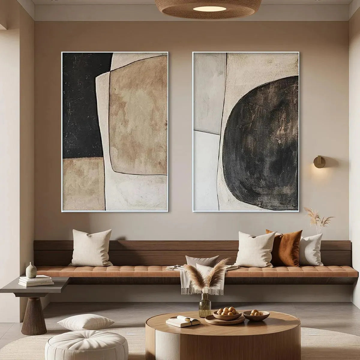 Abstract geometric diptych wall art set of 2 in black, brown, beige with white frames.