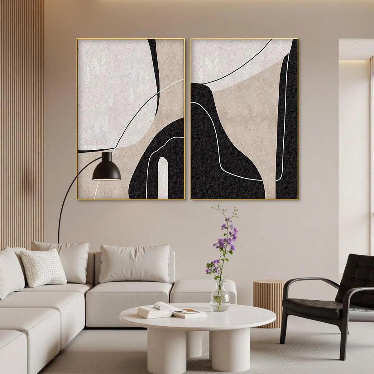 Minimalist abstract diptych set of 2, beige, black, white, gold frames, modern living room decor.