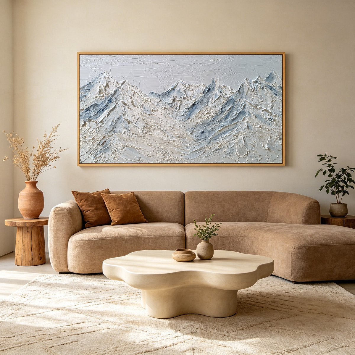 Alpine Serenity White Textured Mountain Landscape Oil Painting
