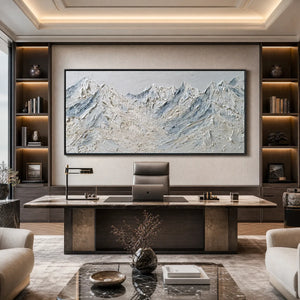 White textured mountain landscape oil painting in modern luxury office
