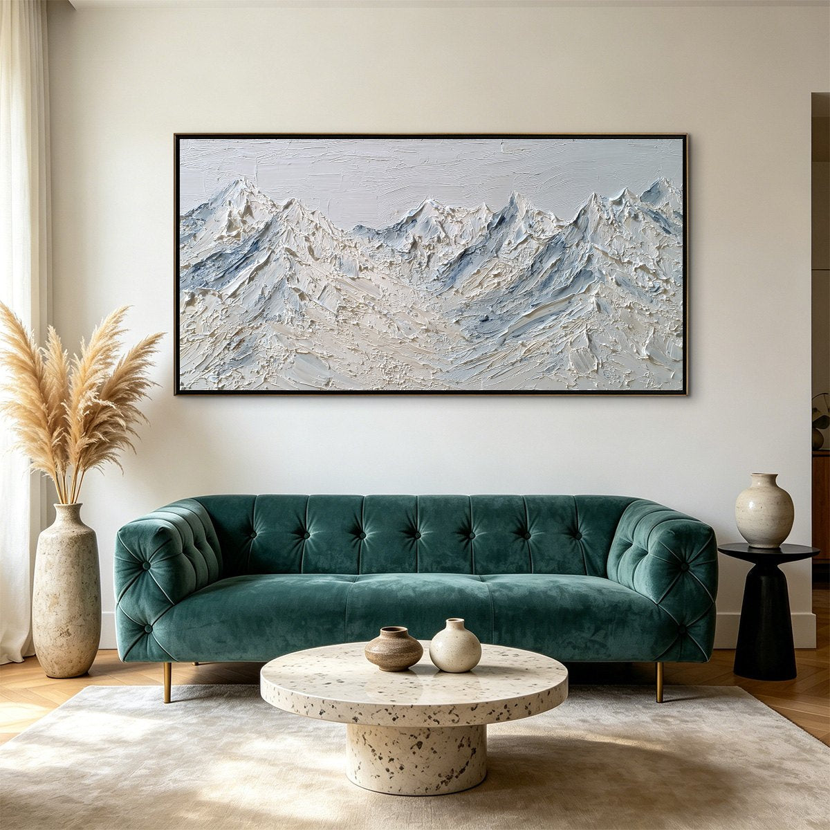 Alpine Serenity White Textured Mountain Landscape Oil Painting