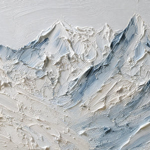 White textured mountain landscape oil painting with blue-gray impasto peaks