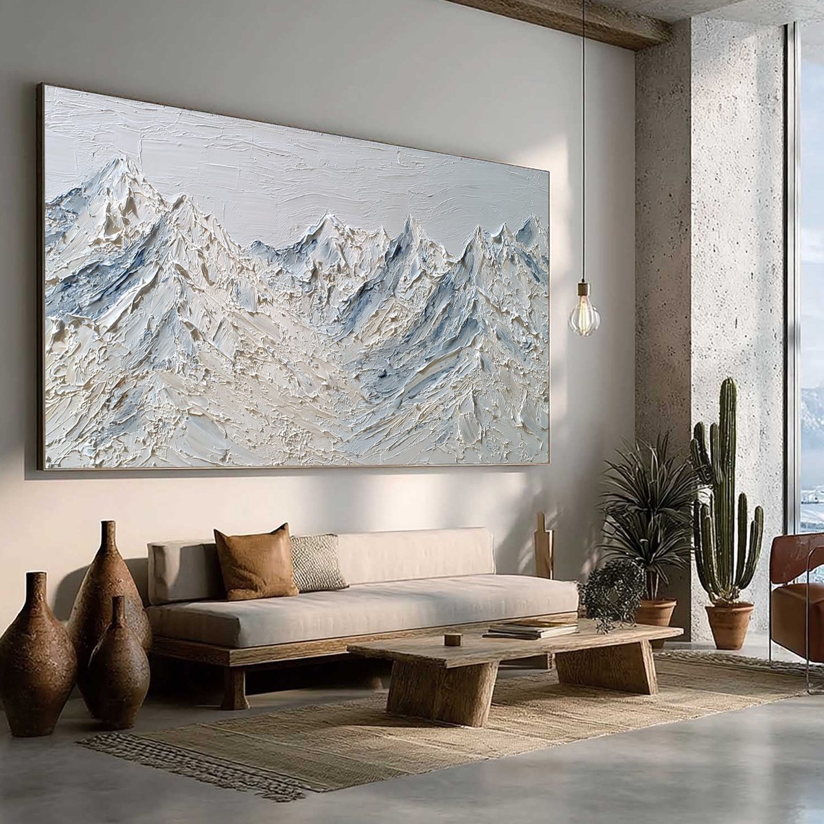 Alpine Serenity White Textured Mountain Landscape Oil Painting