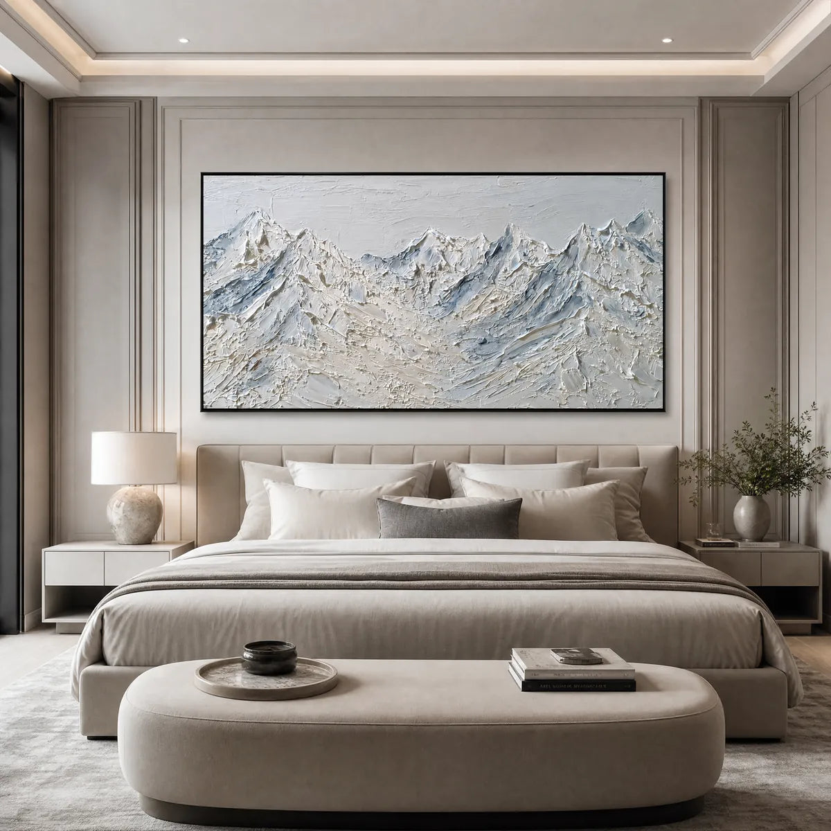 Alpine Serenity White Textured Mountain Landscape Oil Painting