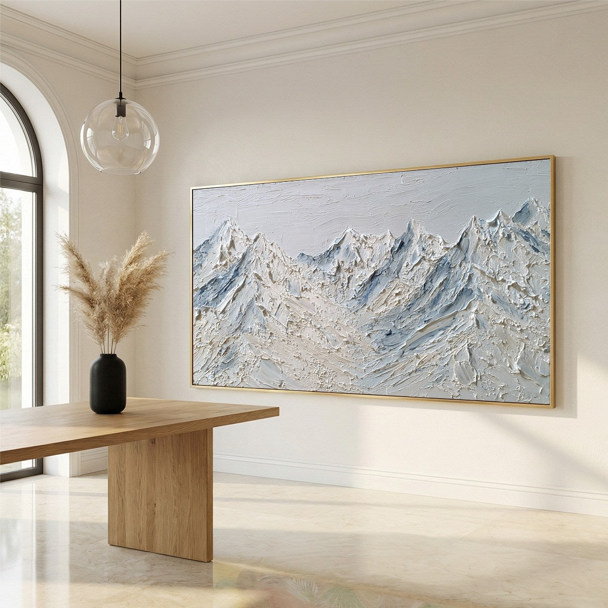 Alpine Serenity White Textured Mountain Landscape Oil Painting