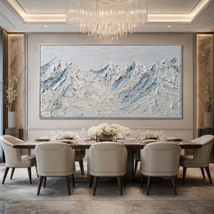 White textured mountain landscape oil painting in a luxury dining room