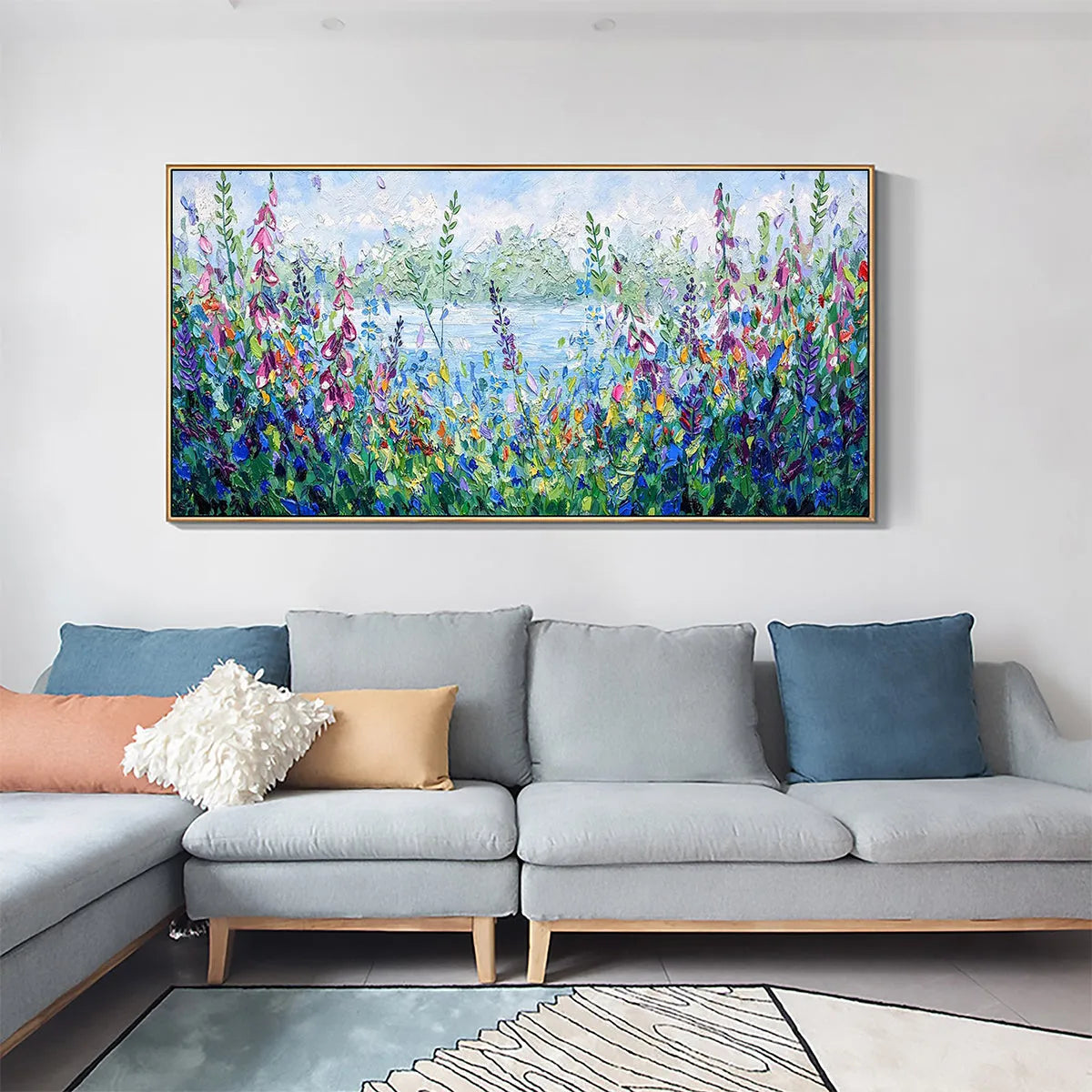 Alpine Meadow: Panoramic Impasto Landscape Oil Painting with Wildflowers and Lake View on Canvas