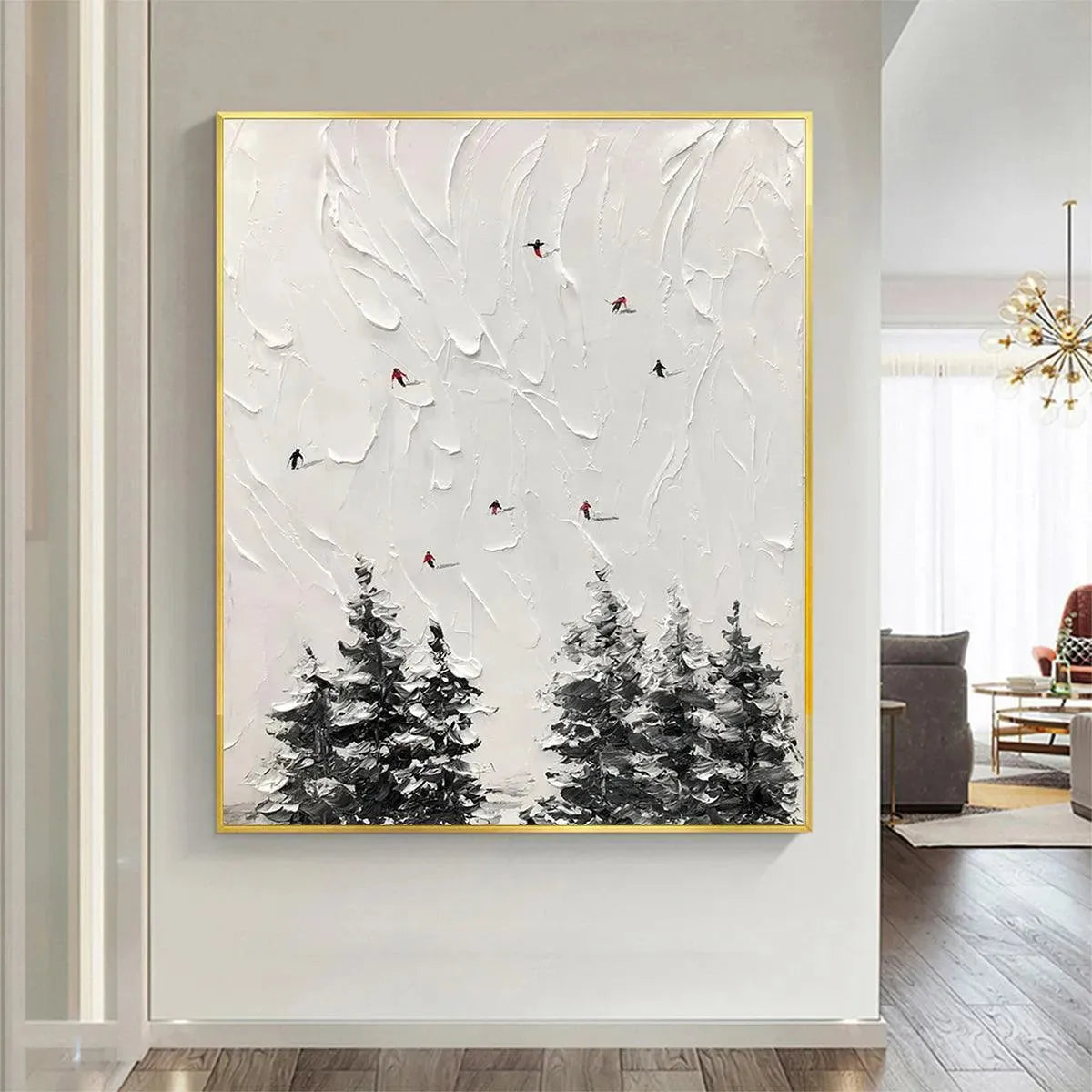 Alpine Ski painting by Javier Ramirez: Textured white snow with skiers, black and white trees, gold framed minimalist art.