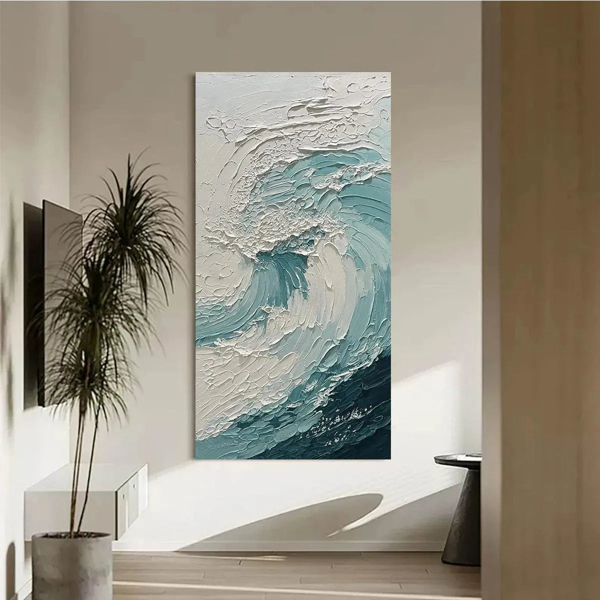 Aquamarine Crest: Textured Ocean Wave Painting | Vertical Canvas | Coastal Wall Art