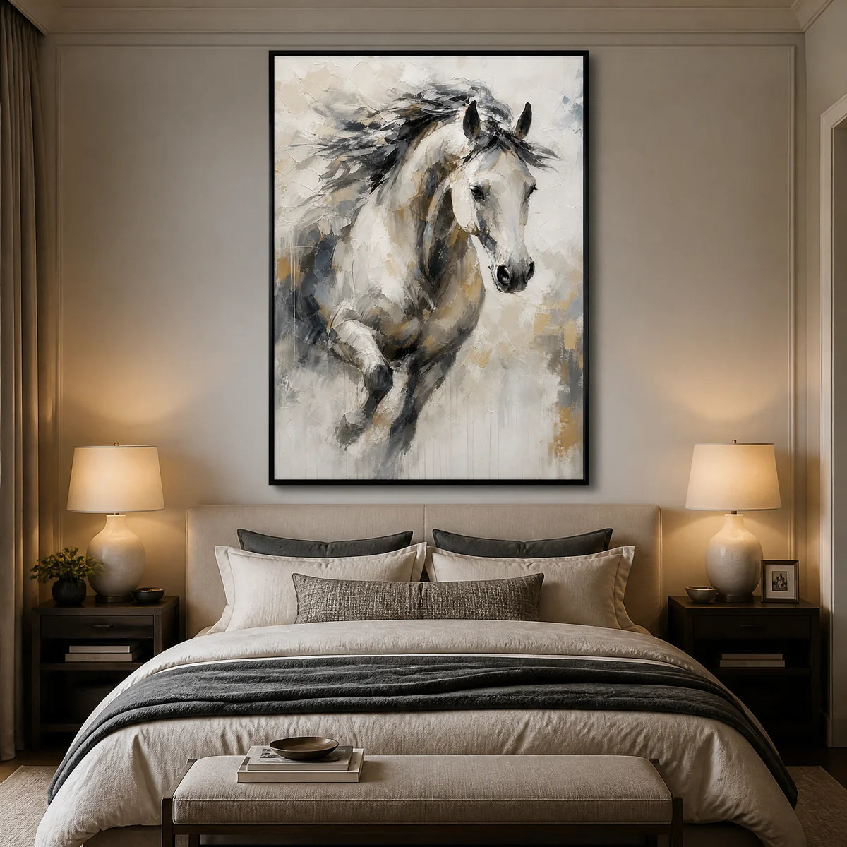 Untamed Grace in a refined bedroom with black frame