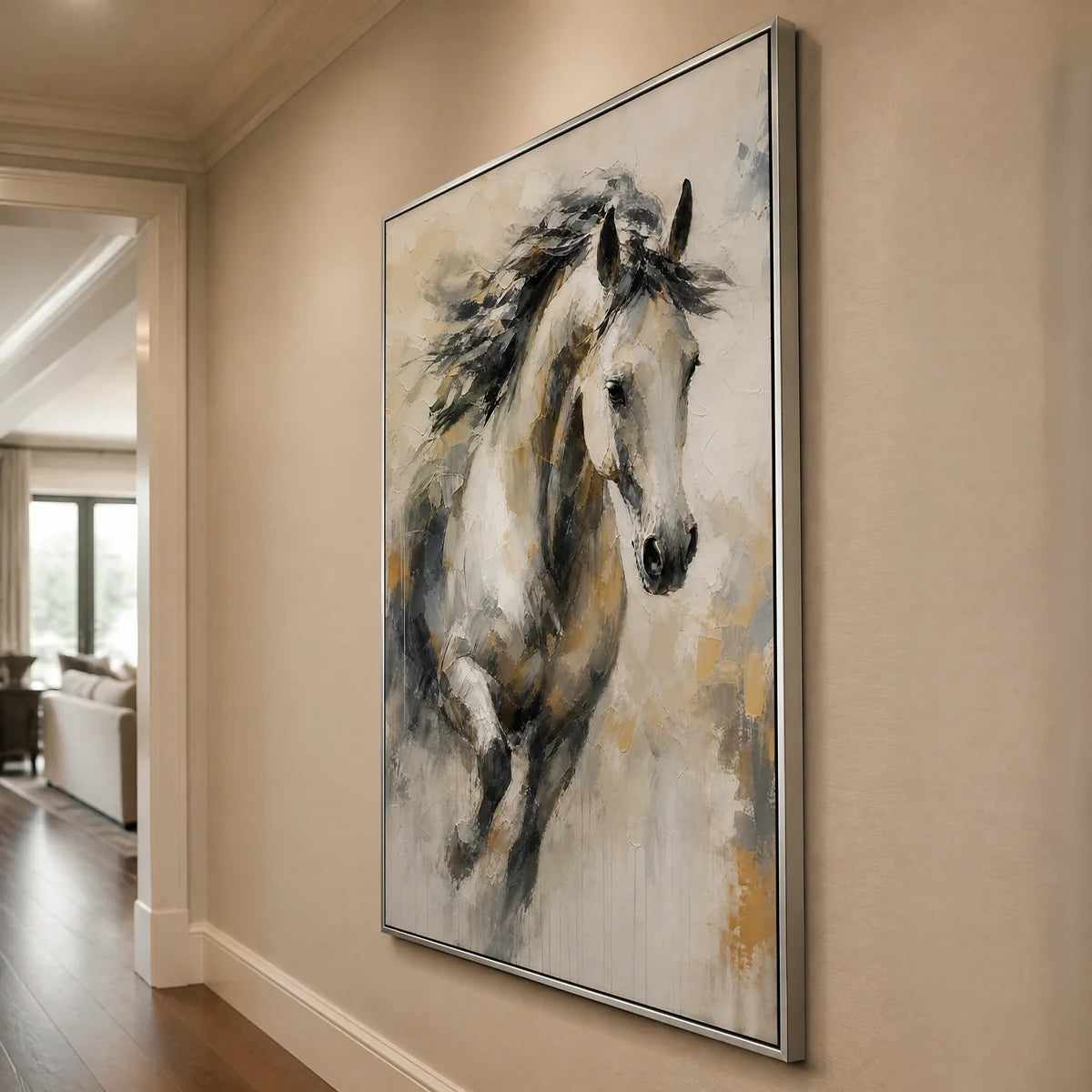 Untamed Grace in a refined entry hall with silver frame