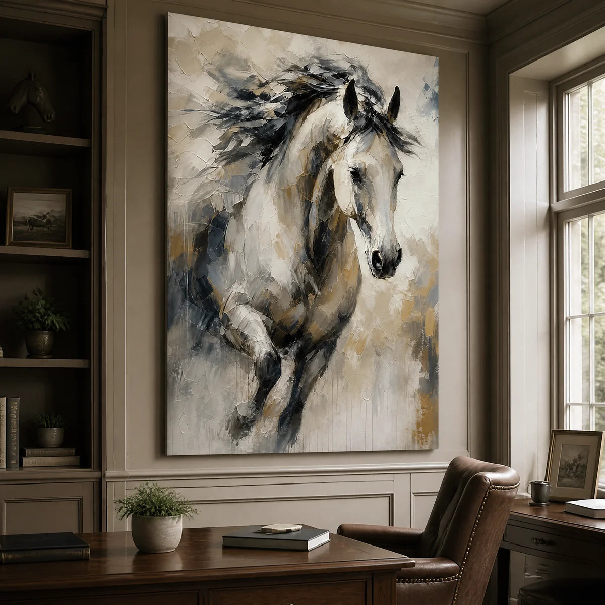 Untamed Grace in a refined office, frameless
