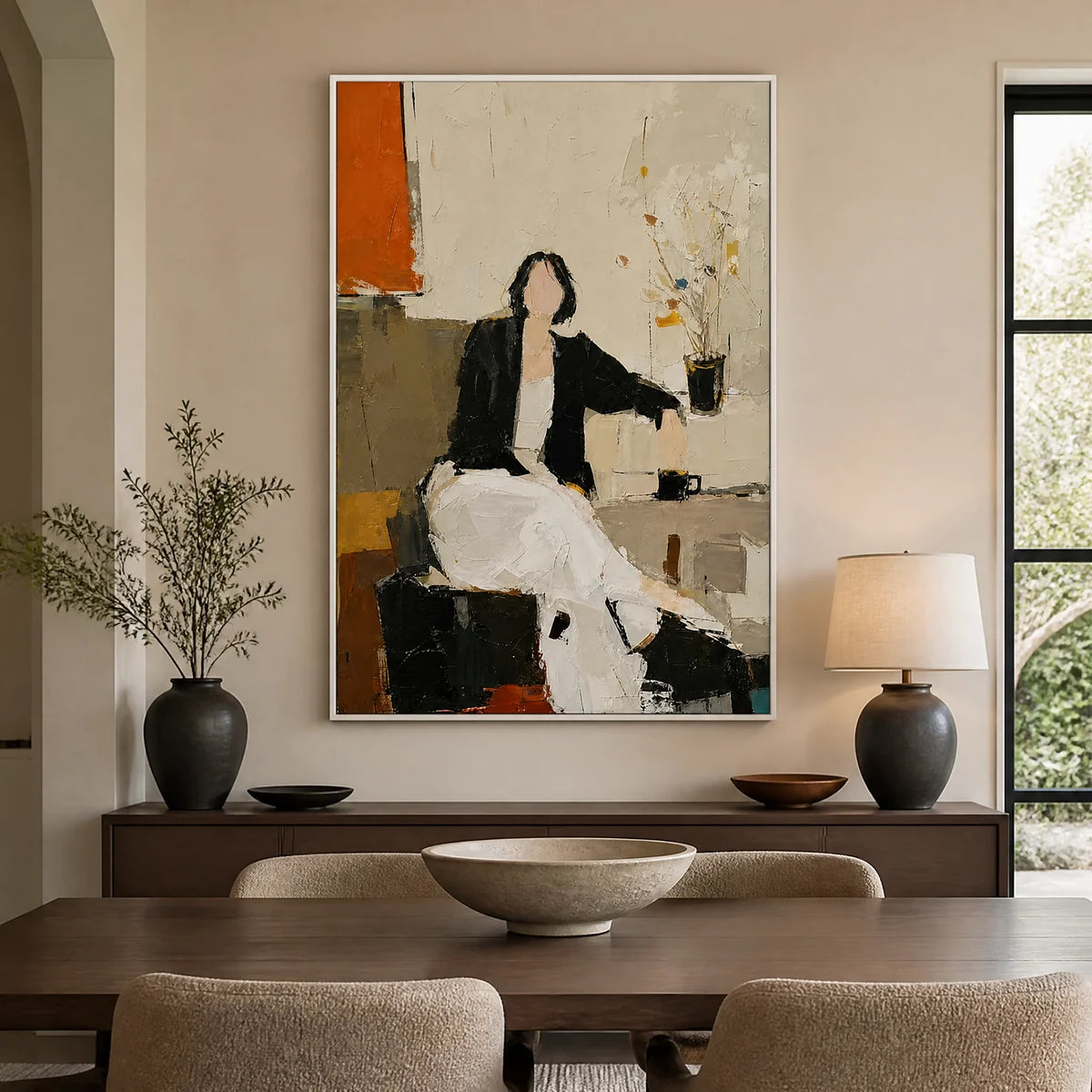 Quiet Interval in a refined dining room with white frame