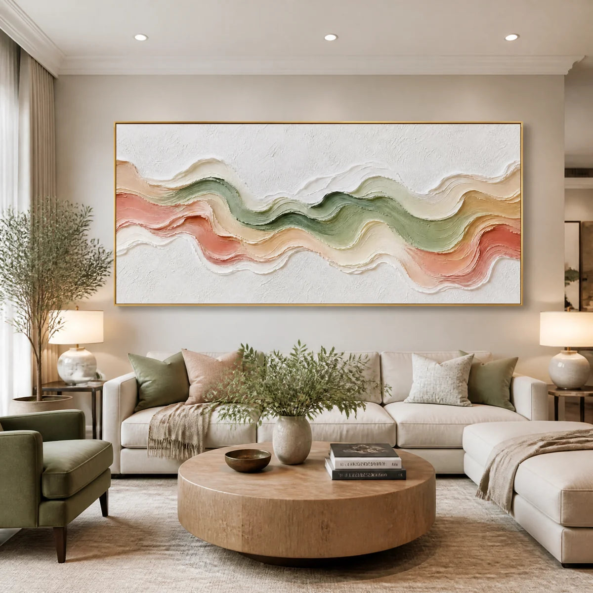 Pastel Tide Relief in a refined living room with gold frame