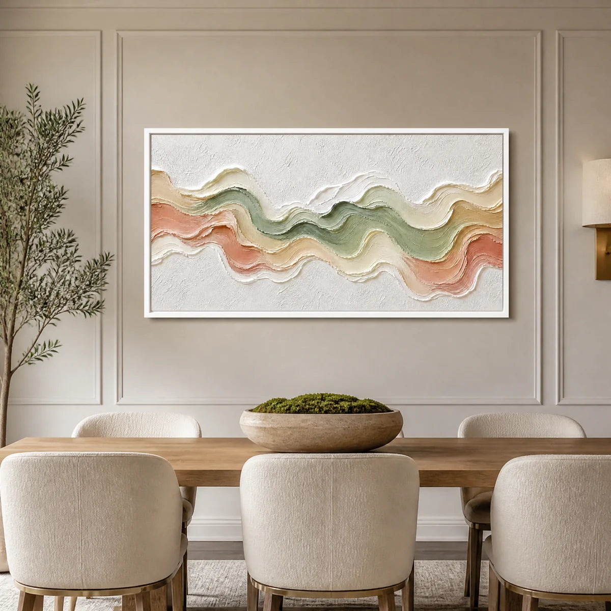 Pastel Tide Relief in a refined dining room with white frame