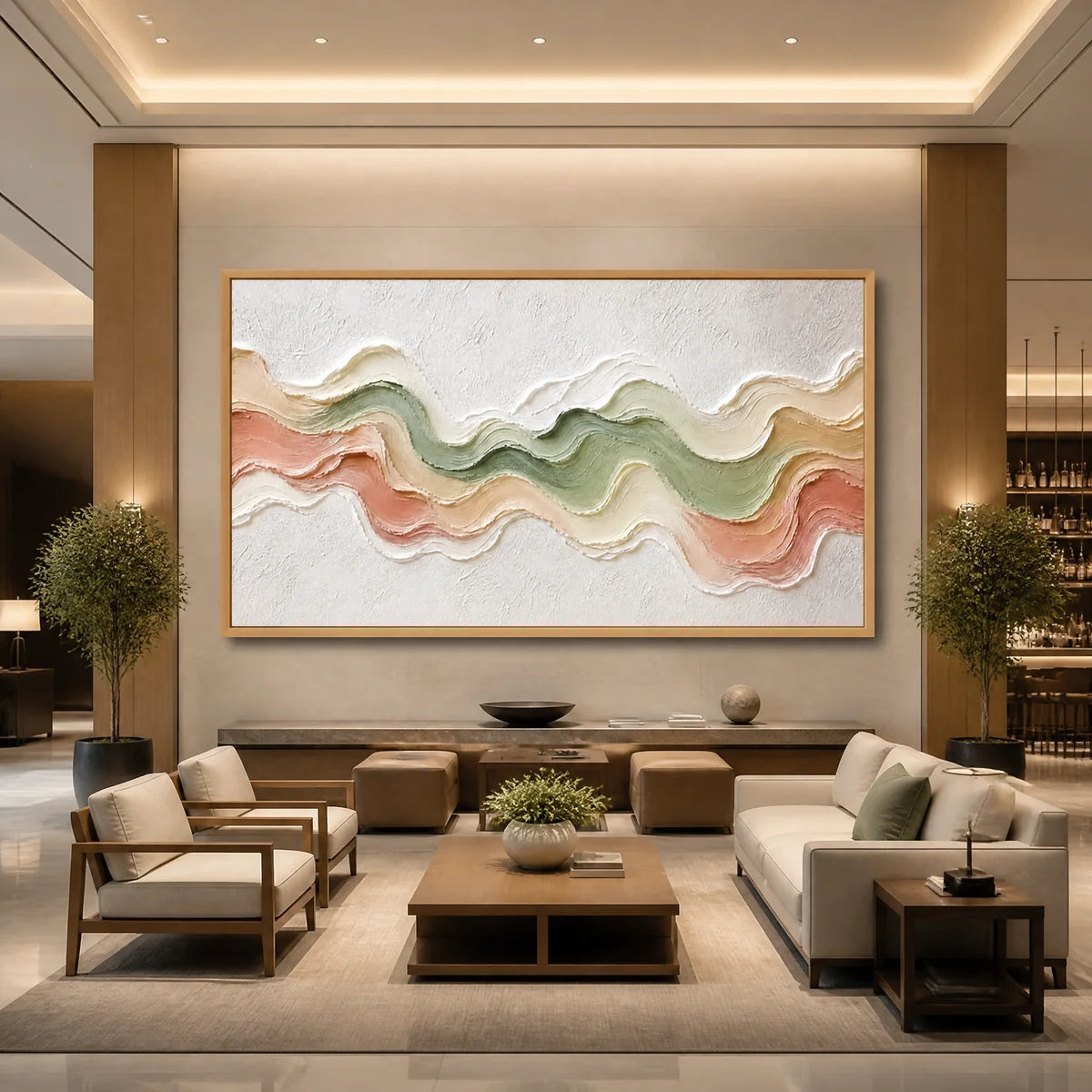 Pastel Tide Relief in a refined hotel interior with wood frame
